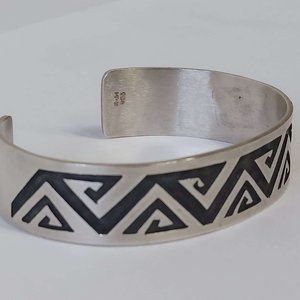 Sterling Silver 925 Cuff Bracelet with Satin Finish and Tribal Geometric Motif